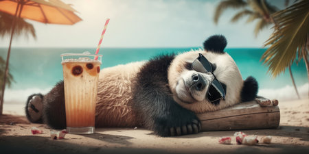 panda is on summer vacation at seaside resort and relaxing on summer beachの素材