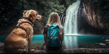 Active woman hiking to waterfall with labrador retriever dog. distinct generative AI image.の素材
