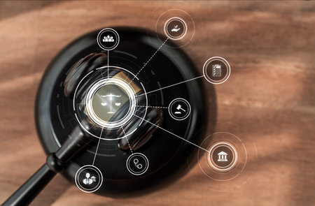 Smart law, legal advice icons and lawyer working tools in the lawyers office showing concept of...