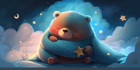 A cute and adorable bear is sleeping under night sky between stars pillow. Generative AI AIG16.の素材