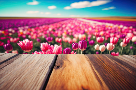 Wooden table background on a blur pink tulips fields. Generative AI AIG15.の素材