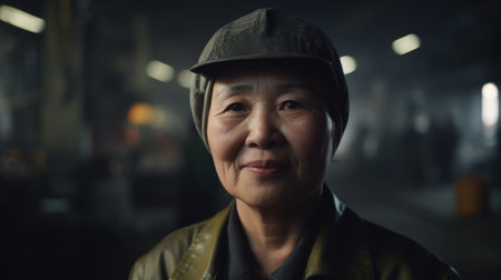 A smiling senior Chinese female factory worker standing in metal sheet factory. Generative AI AIG19.の素材