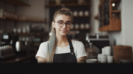 Smiling female barista wearing apron standing in counter of the coffee shop. Generative AI AIG21.の素材