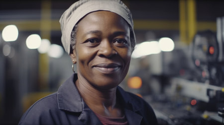 A smiling senior African female electronic factory worker standing in factory. Generative AI AIG19.の素材