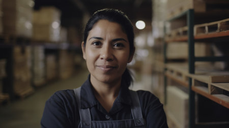 A smiling Hispanic female factory worker standing in warehouse. Generative AI AIG19.の素材