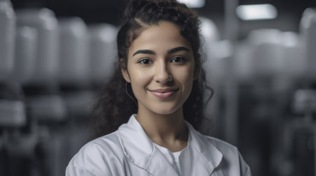 A smiling young Hispanic female electronic factory worker standing in factory. Generative AI AIG19.の素材