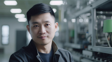 A smiling Chinese male electronic factory worker standing in factory. Generative AI AIG19.の素材