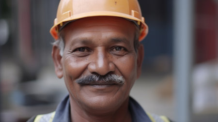 A smiling senior Indian male construction worker standing in construction site. Generative AI AIG19.の素材