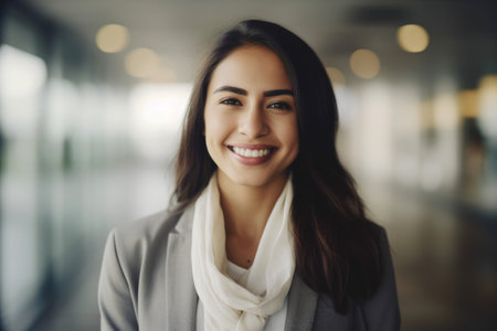 Young smart hispanic businesswoman, smiling face, standing in blur background of modern office building. Generative AI AIG20.の素材