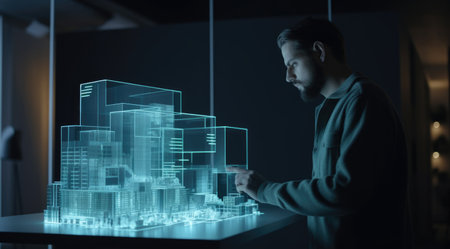 A male designer looking at a 3D building in an artificial blue light box in the style of data visualization. Generative AI AIG21.の素材
