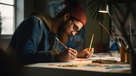 The male painter sitting in the studio using watercolor on his art. Generative AI AIG21.の素材