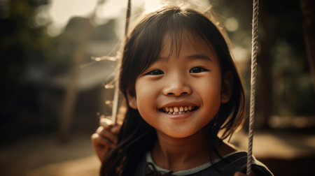 Close up smiling face, young asian girl playing on a swing, happiness, childhood, freedom, vitality, outdoor fun, carefree, sunlight. Generative AI AIG20.の素材