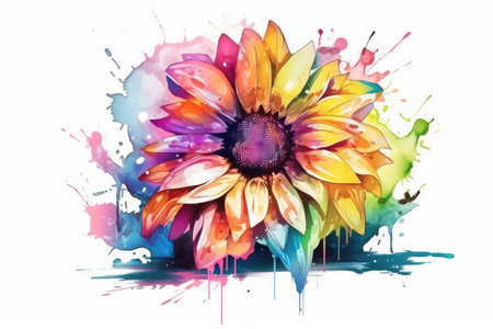 Colorful sunflower watercolor painting with splash for summer background. distinct generative AI image.の素材