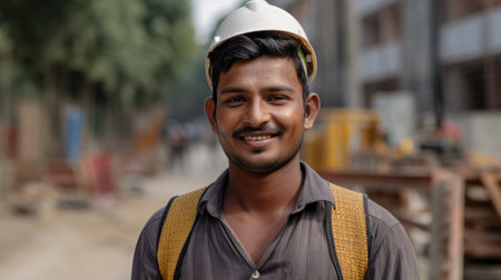 A smiling Indian male construction worker standing in construction site. Generative AI AIG19.の素材