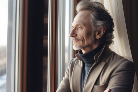 A smiling mature man with arms folded in suit near a window in an office. Generative AI AIG21.の素材
