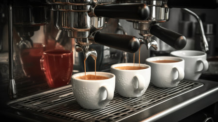 Coffee machine making fresh coffee pouring in a cup at the coffee shop. Generative AI AIG21.の素材