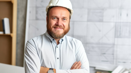 40s male architect, smiling face, standing in office, creative colorful interior design. Generative AI AIG20.の素材