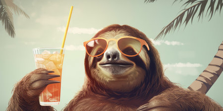 sloth is on summer vacation at seaside resort and relaxing on summer beachの素材
