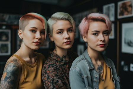 Three young women with tattoos and vivid colors short hair in an office. Generative AI AIG21.の素材