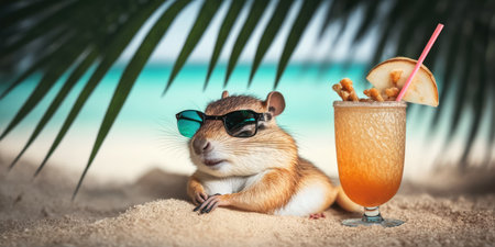 chipmunk is on summer vacation at seaside resort and relaxing on summer beachの素材