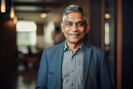 Mature smart indian businessman, smiling face, standing in blur background of creative colorful office interior design. Generative AI AIG20.の素材