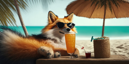 fox is on summer vacation at seaside resort and relaxing on summer beachの素材
