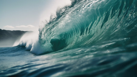 Inside view of the huge breaking wave of the sea. Generative AI AIG21.の素材