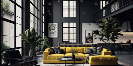 Interior of yellow and black living room of modern apartment. distinct generative AI image.の素材