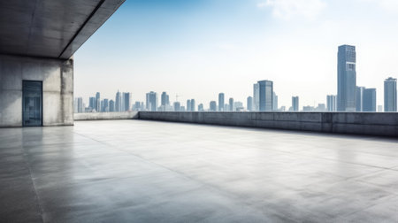 Empty concrete floor on rooftop with city background. Generative AI AIG21.の素材