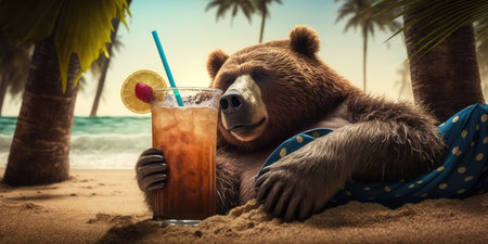 grizzly is on summer vacation at seaside resort and relaxing on summer beachの素材
