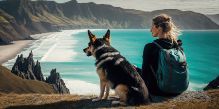 Young beautiful woman enjoy view with her dog during hiking trip in the mountain. distinct generative AI image.の素材