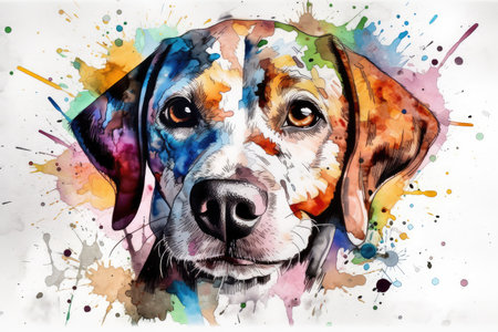 Creative watercolor splash style drawing of happy dog puppy. distinct generative AI image.の素材