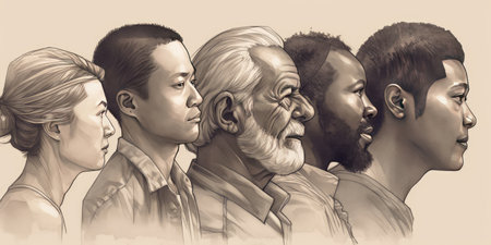Face portrait of diverse people together looking straight. Multiracial concept. distinct generative AI image.の素材