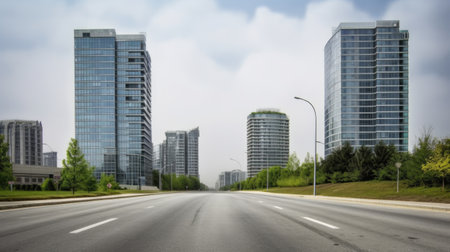 Office buildings seen from road view. Generative AI AIG21.の素材