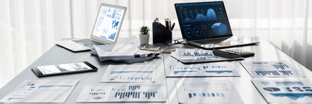 BI data dashboard from Fintech on laptop screen displays comprehensive business analysis in empty...