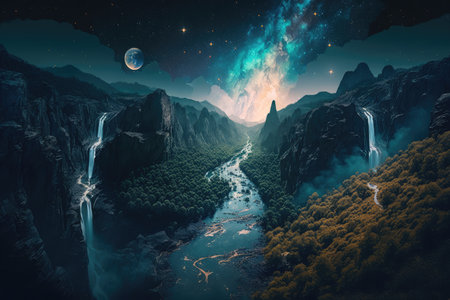 Mountain landscape at night with star in the sky. distinct generative AI image.の素材