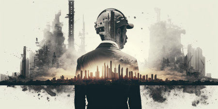 Double exposure of businessman or engineer stand with construction building. superlative generative AI image.の素材