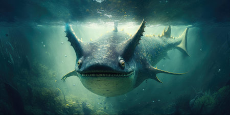 Underwater prehistoric creature or dinosaur swimming underwater. superlative generative AI image.の素材