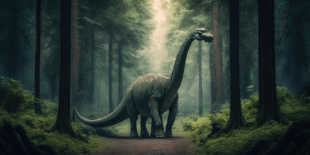 Prehistoric creature or dinosaur in the wild nature. Realistic style drawing. superlative generative AI image.の素材