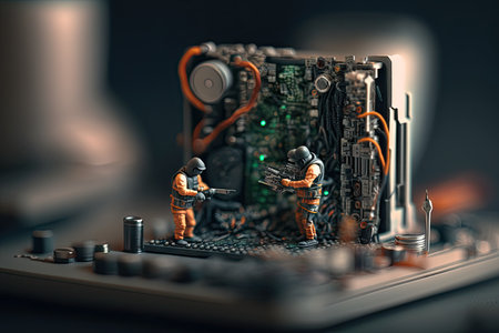 Tiny workers working on an embroidered processor inside a computer. Generative AI AIG15.の素材