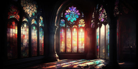 Sunlight shines through high stained glass windows in church. superlative generative AI image.の素材
