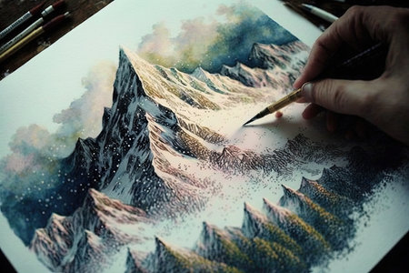 pointillism water color snow covered mountain peak. Generative AI AIG15.の素材