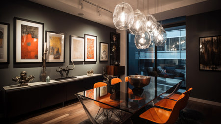 Interior design of Dining Room in Contemporary style with Sculptural light fixture decorated with Leather, metal, glass, wood material. Loft architecture. Generative AI AIG24.の素材