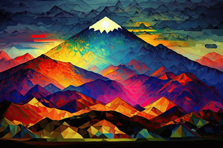 Concept colorful shading modern abstract art in natural of mountain. Decorated by technique painting in reflecting sunlight to graphic house. Glorious generative AI.の素材