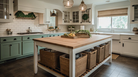 Interior design of Kitchen in Farmhouse style with Kitchen island decorated with Butcher block, Marble, Ceramic tile, Wicker baskets material. Country architecture. Generative AI AIG24.の素材