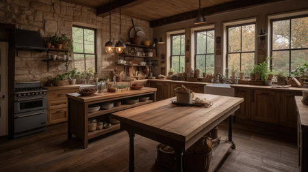 Interior design of Kitchen in Rustic style with Kitchen Island decorated with Wood, Stone, Metal material. Farmhouse, Country architecture. Generative AI AIG24.の素材