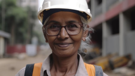 A smiling senior Indian female construction worker standing in construction site. Generative AI AIG19.の素材