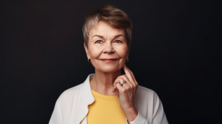 Happy mature woman in studio portrait color background. Generative AI AIG20.の素材