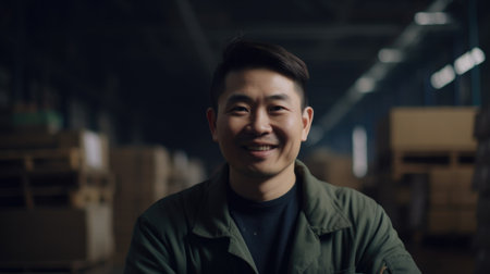 A smiling Chinese male factory worker standing in warehouse. Generative AI AIG19.の素材