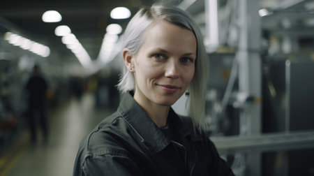 A smiling Swedish female factory worker standing in metal sheet factory. Generative AI AIG19.の素材